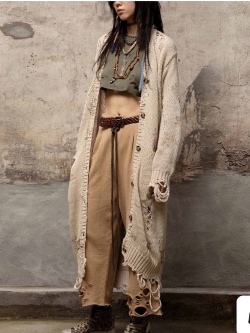 R13 Tan Floral Distressed Long Line Sweater Duster Cardigan Small 100% Cotton
